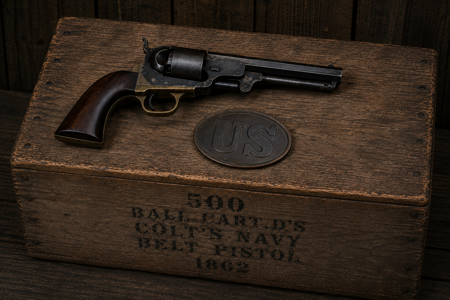 A Model 1851 Colt Navy revolver and a US belt plate resting on an 1862 Colt's Navy cartridge crate